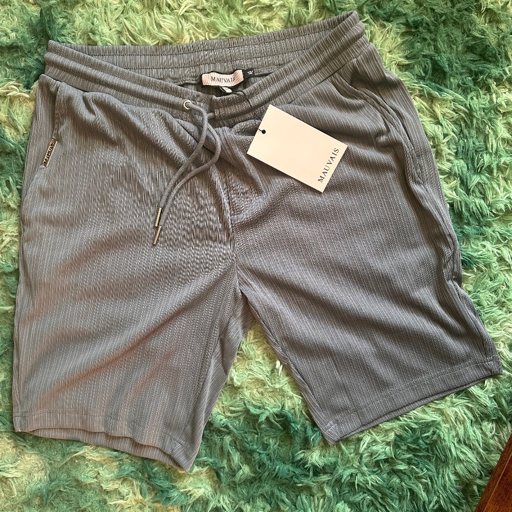 MAUVAIS Blue Ribbed Relaxed Shorts in Blue W34, SIZE 34